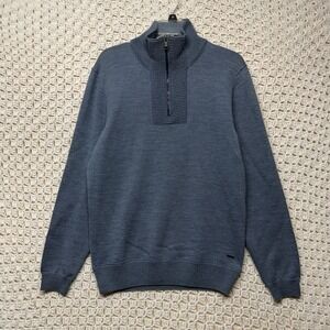 Hugo Boss Sweater Mens Sz L Blue Virgen Wool 1/4 Zip Mock Neck Knit Pullover